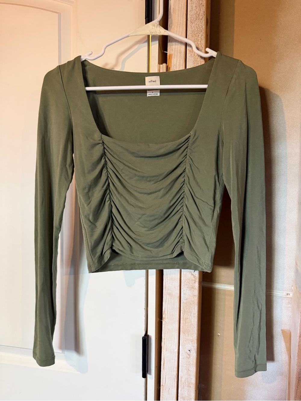 Wilfred Aritzia Olive Ruched Square-Neck Long Sleeve Top Size Small